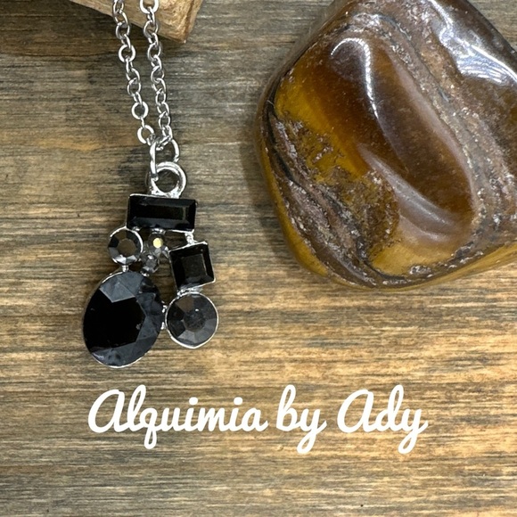 Cluster black onyx pendant 925 silver necklace - Picture 1 of 5
